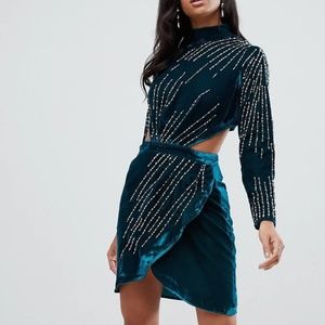 ASOS DESIGN velvet mini dress with starburst pearl embellishment